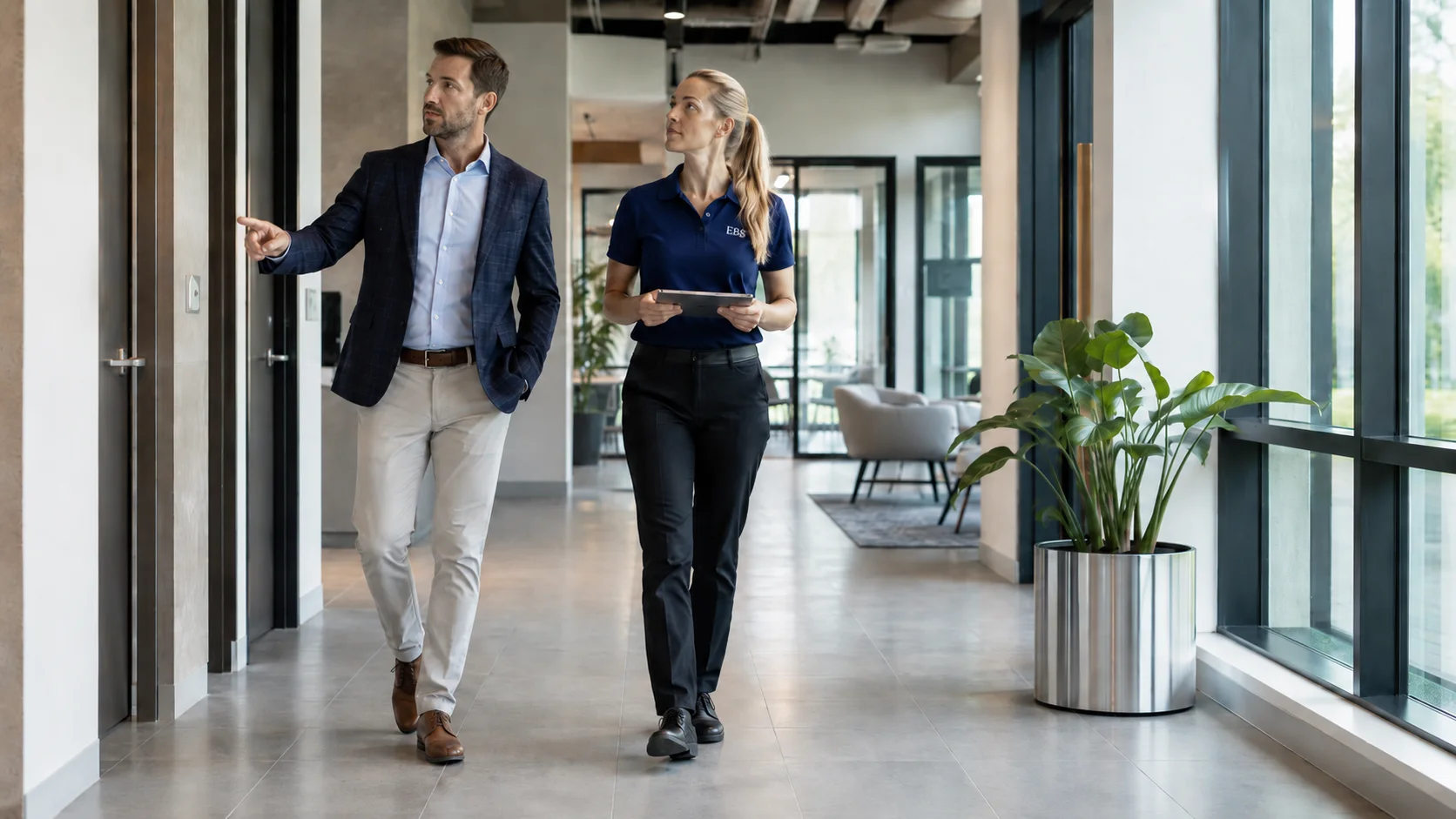 EBS representative discussing an office cleaning walkthrough with a client