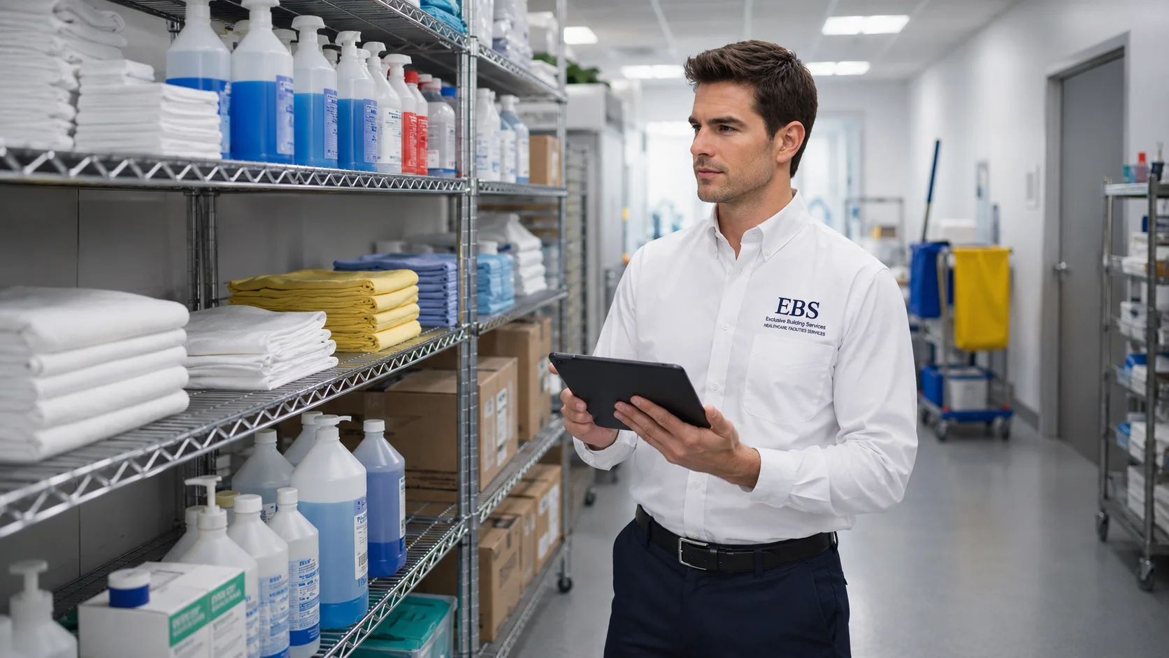 EBS manager reviewing healthcare cleaning supplies and site instructions on a tablet