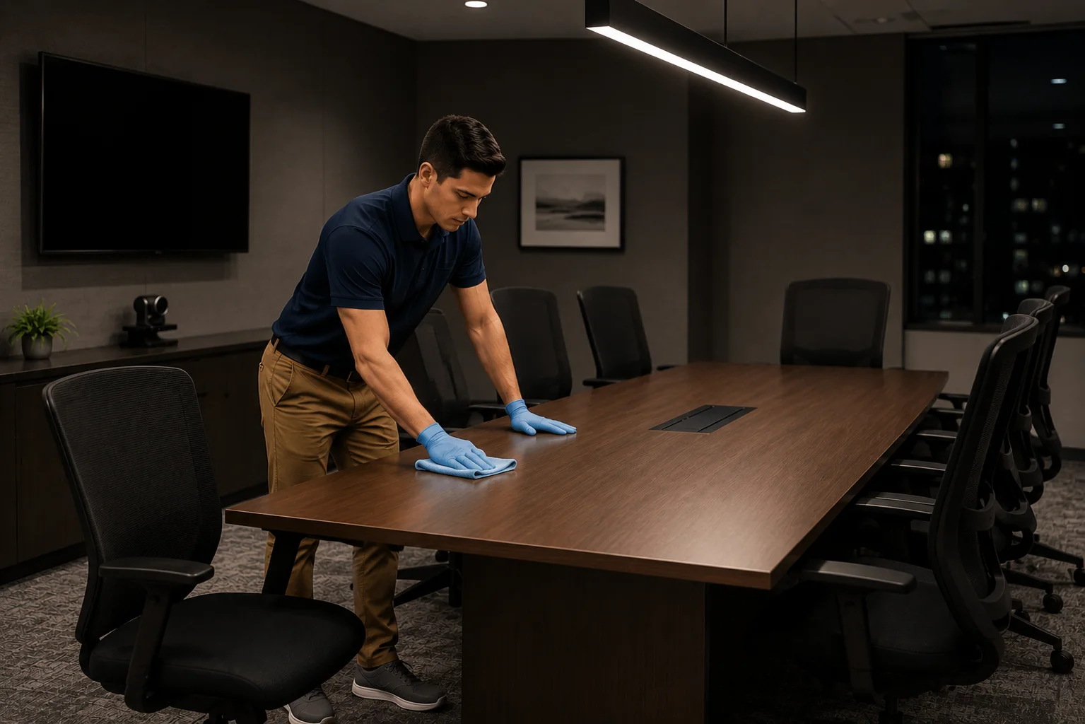 Cleaning professional providing routine service in an office