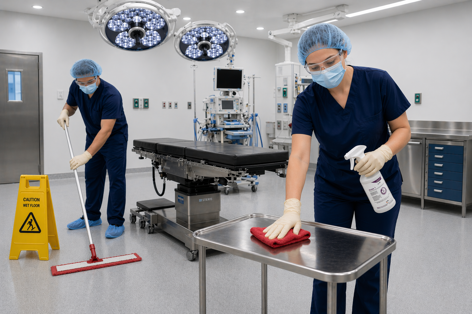Professional medical cleaning team working in a healthcare environment
